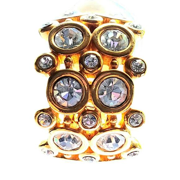 Swarovski Crystal Half Hoop Earrings Clip On Swan Signed Gold Tone Pave Jewelry - Picture 7 of 8